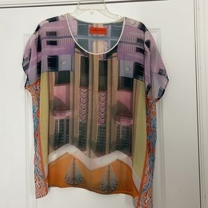Clover Canyon Sheer Blouse City Architecture Print Boxy Art to Wear Oversized